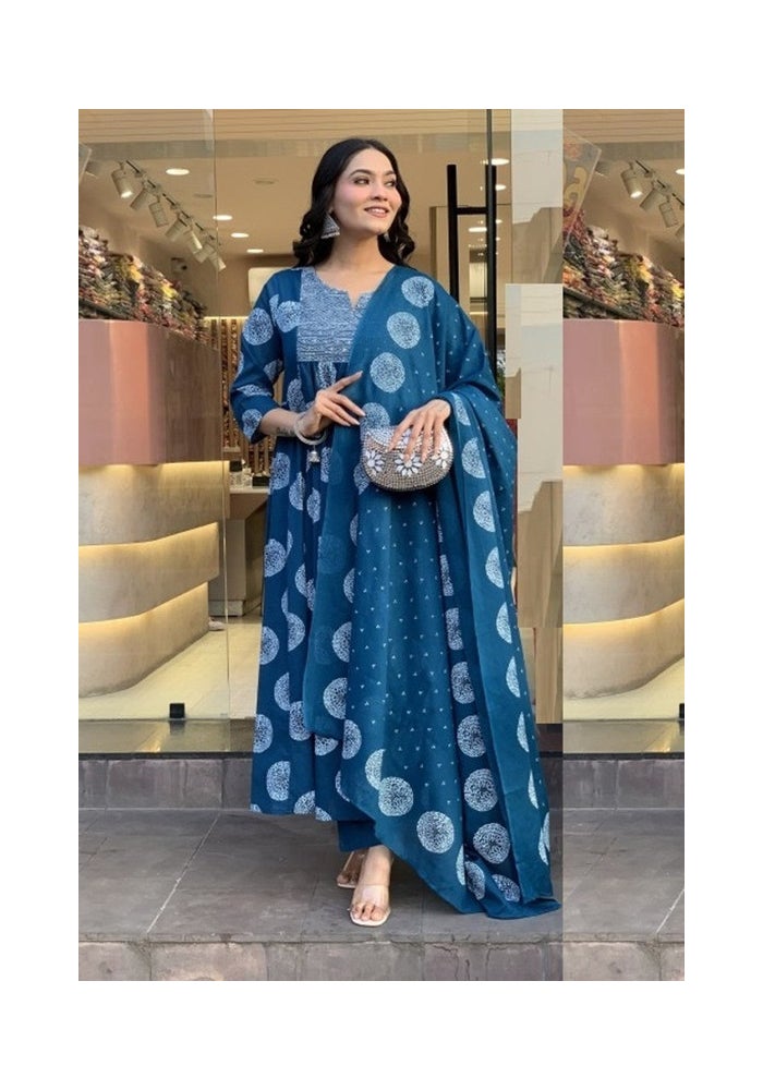 Malishka Export Blue Rayon Printed Anarkali Kurta Pant With Dupatta for Women - Image 3
